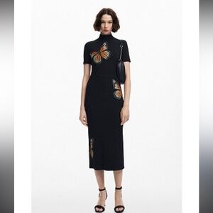 Desigual Women's Slim Midi Butterfly Dress in black cotton-elastane blend